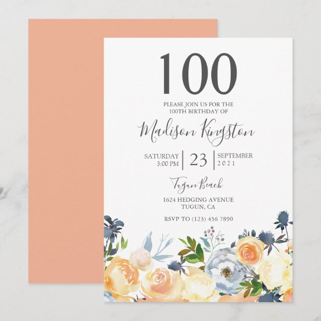 Peach Flowers Pretty 100th Birthday Party Invite (Front/Back)