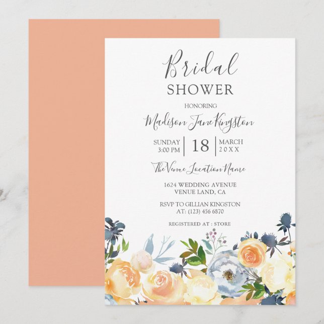 Peach Flowers Pretty Spring Bridal Shower Invite (Front/Back)