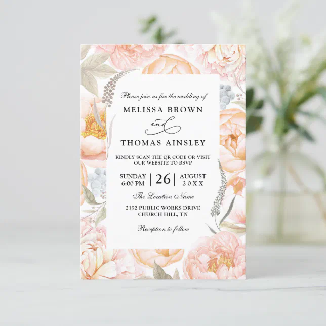 Peach Flowers Rustic Budget QR Code Wedding Invitation | Zazzle