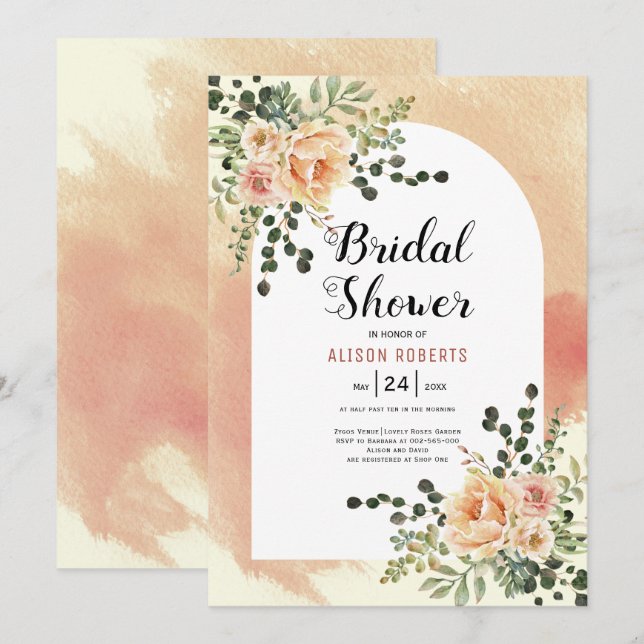Peach flowers soft terracotta arch bridal shower invitation (Front/Back)