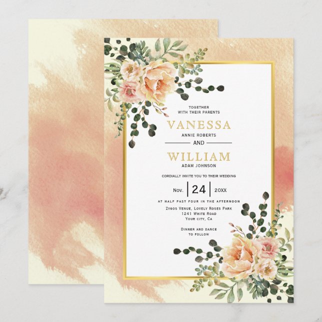 Peach flowers soft terracotta wedding invitation (Front/Back)