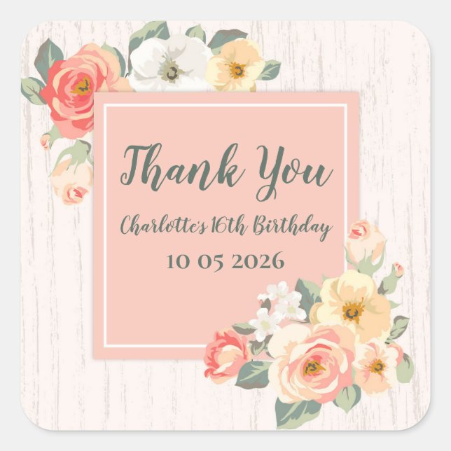 Peach Flowers Thank You Birthday Favor Tag (Front)