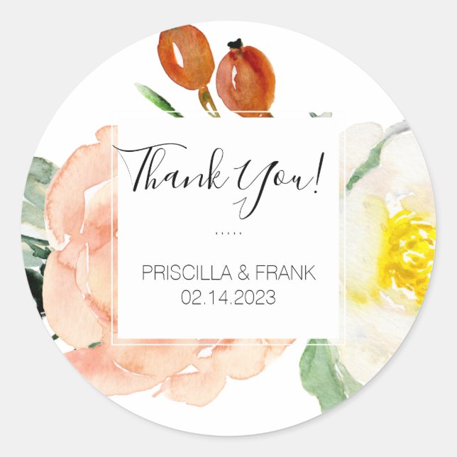 Peach Flowers Thank You Wedding Classic Round Sticker (Front)