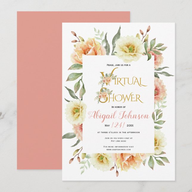 Peach flowers virtual baby or bridal shower invitation (Front/Back)