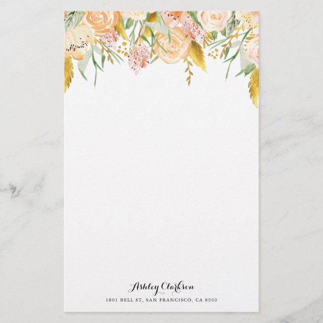 Peach Flowers with Gold Foil Foliage Stationery (Front)