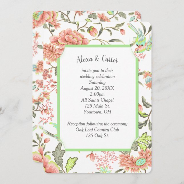 Peach Flowers with Hummingbird Invitation (Front/Back)