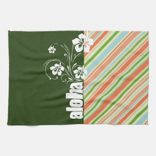 Peach & Forest Green Striped; Aloha Kitchen Towel