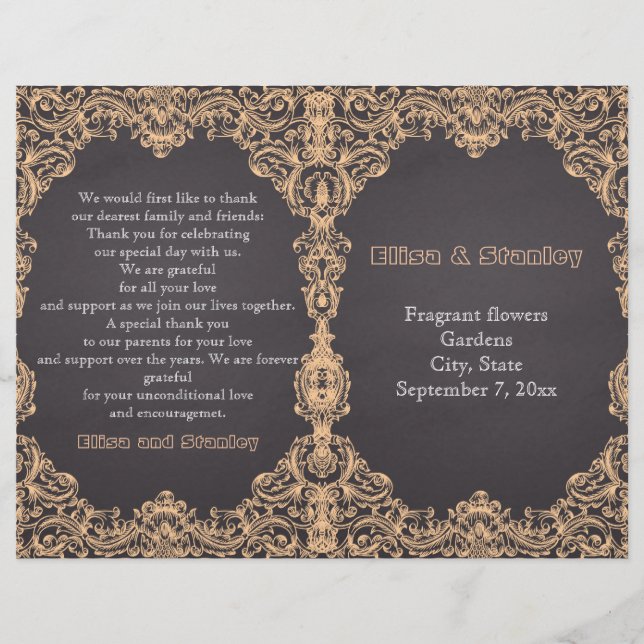 Peach frame, chalkboard folded wedding program (Front)