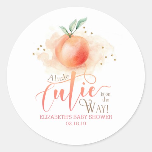 Peach Fruit A Little Cutie on the Way Baby Shower Classic Round Sticker