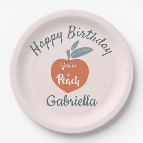Peach fruit happy birthday personalize name paper plates
