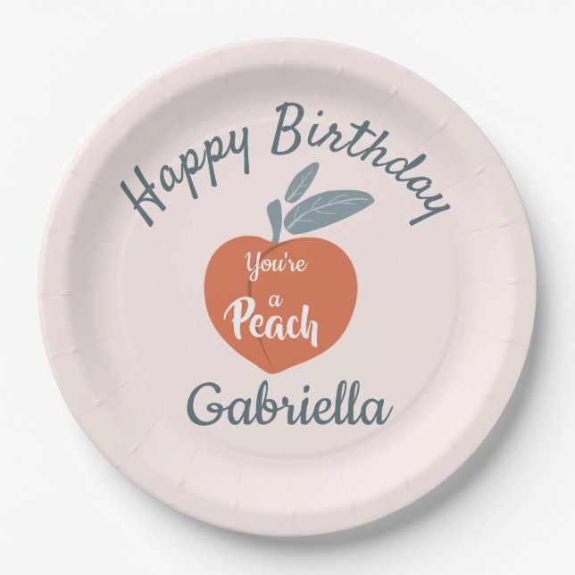 Peach fruit, happy birthday personalize name paper plates (Front)