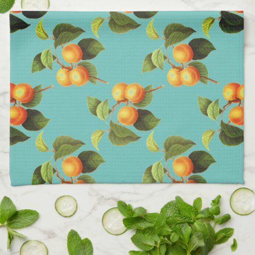 Peach fruit pattern vintage teal orange kitchen towel