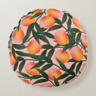 Peach Fruit Pink Background Pattern. Round Pillow