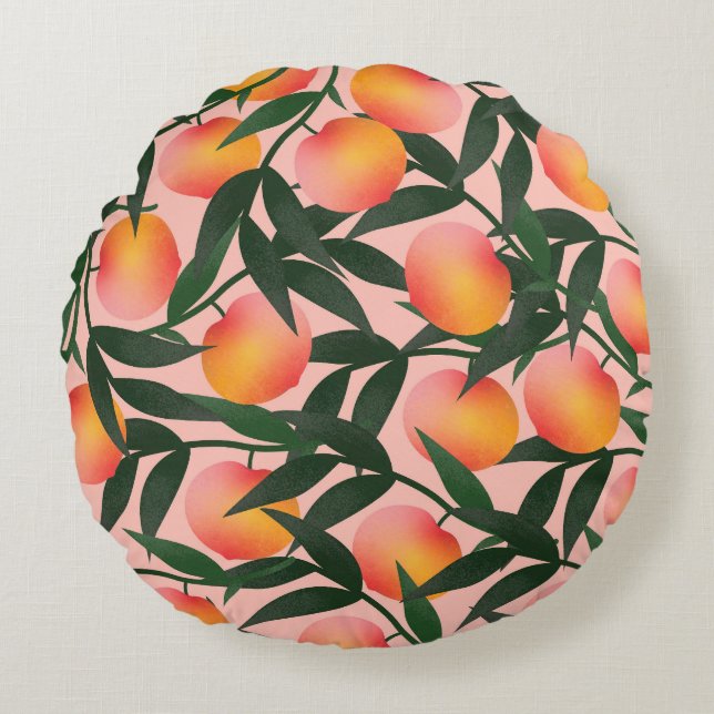 Peach Fruit Pink Background Pattern. Round Pillow (Front)