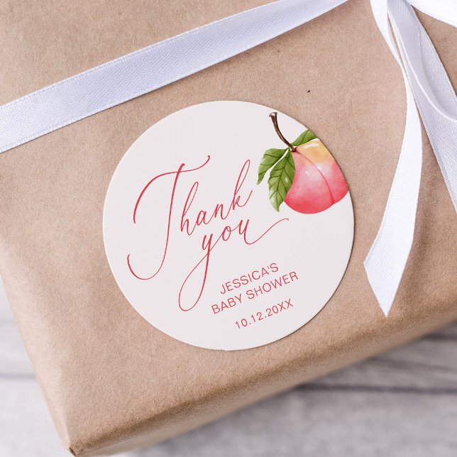 Peach Fruit Thank You Girl Baby Shower Classic Round Sticker (Creator Uploaded)
