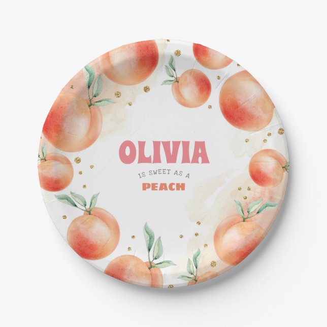 Peach Fruits and Gold Confetti Sweet Cute Birthday Paper Plates (Front)
