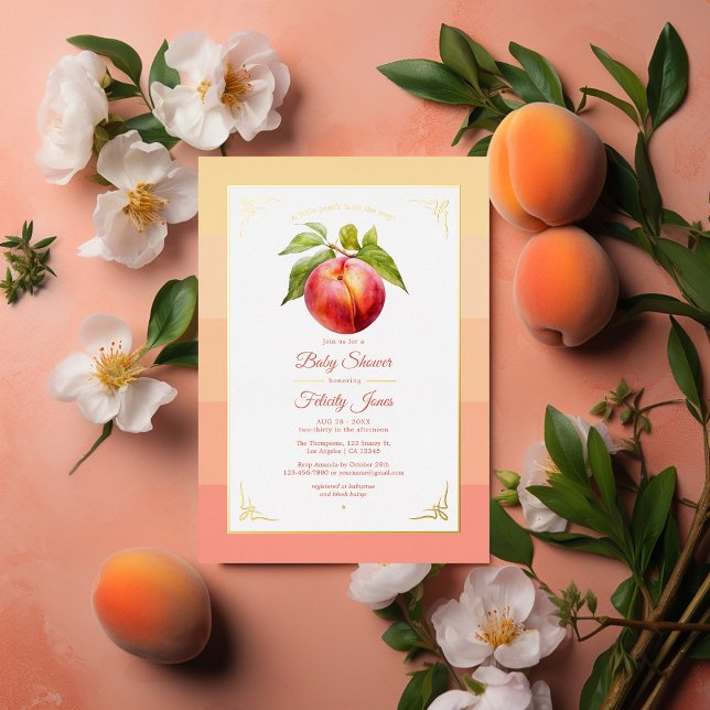 Peach Fuzz and Gold Foil Baby Shower Invitation (Peach Fuzz Baby Shower)