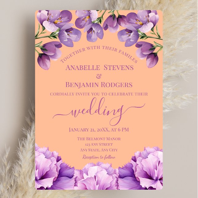 Peach Fuzz and Lilac Floral with QR code Wedding Invitation (Creator Uploaded)