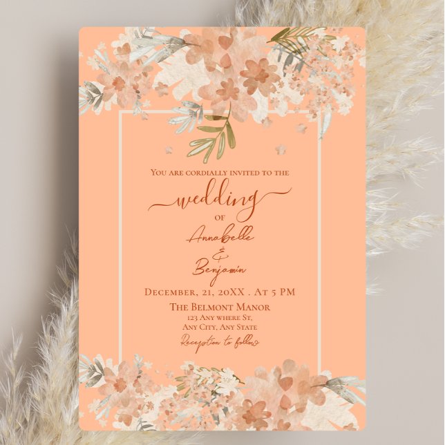  Peach Fuzz and Rust Watercolor Floral Wedding  Invitation (Creator Uploaded)