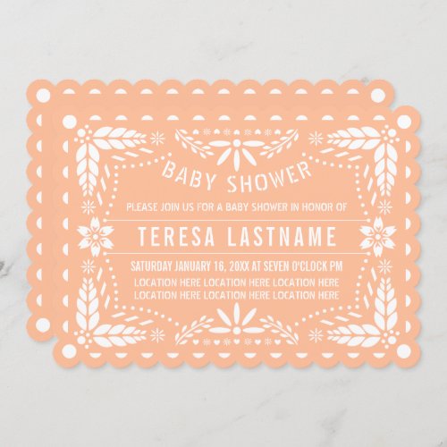 Peach fuzz and white papel picado baby shower invitation