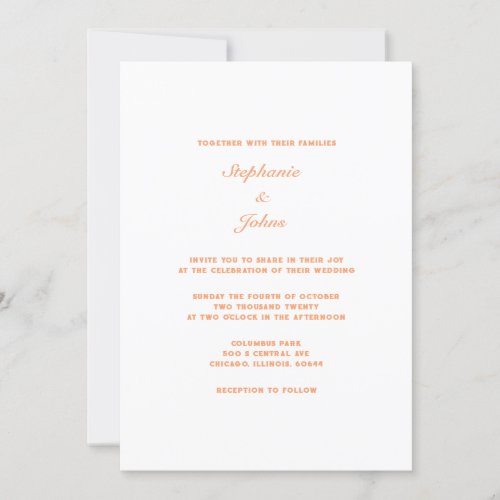 Peach Fuzz Apricot White Elegant Minimal Wedding Invitation