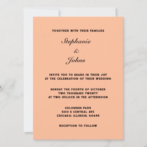 Peach Fuzz Black Elegant Simple Minimal Wedding Invitation