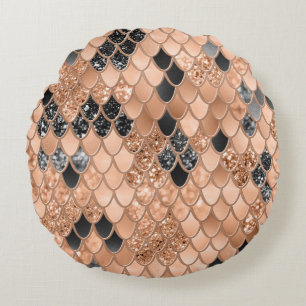 Peach Fuzz Black Mermaid Scales Glam #1 Round Pillow