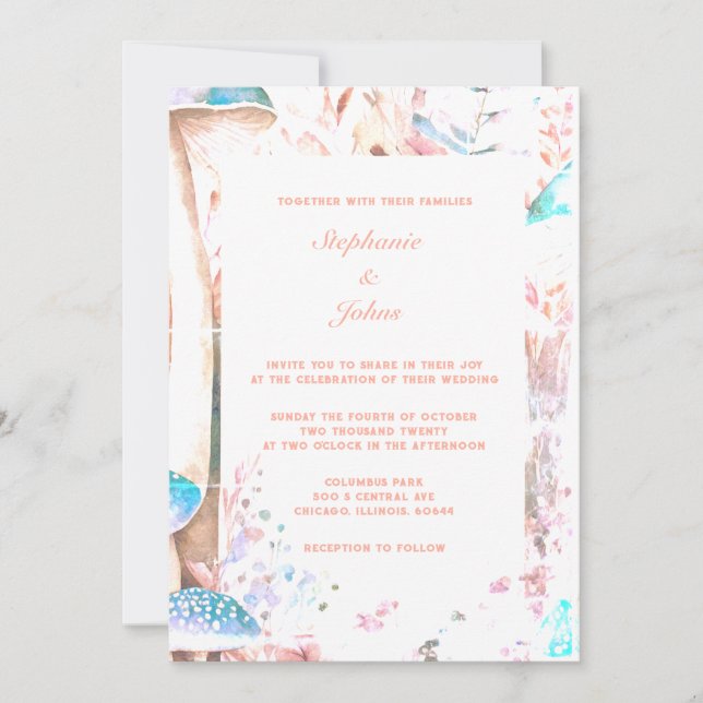 Peach Fuzz Blue Mushroom Art Boho Woodland Wedding Invitation (Front)