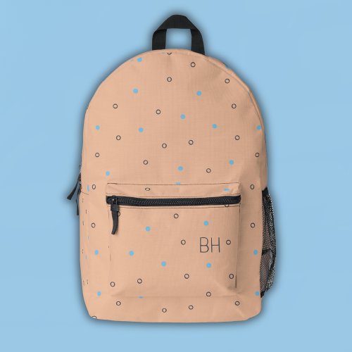 Peach Fuzz  Blue Polka Dots Monogram Initials Printed Backpack