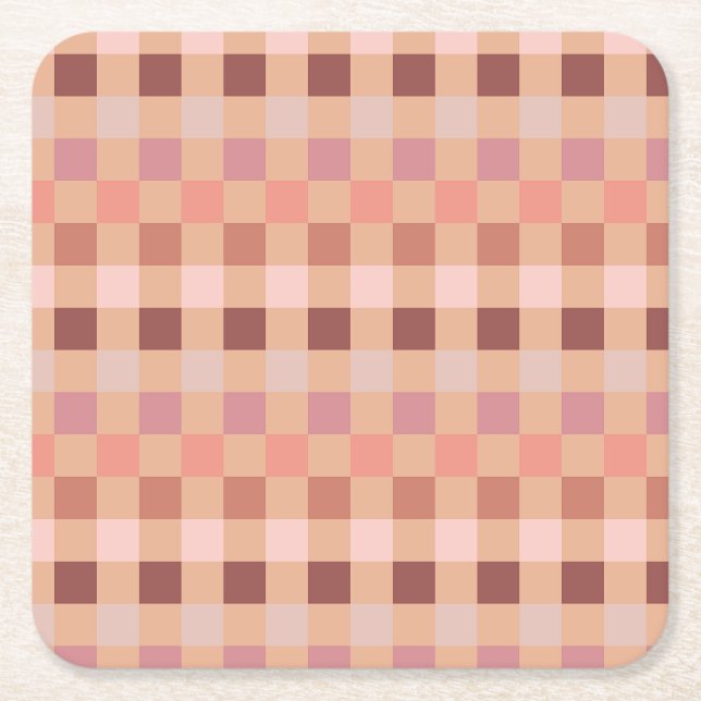 Peach Fuzz Checkerboard Square Paper Coaster (Front)