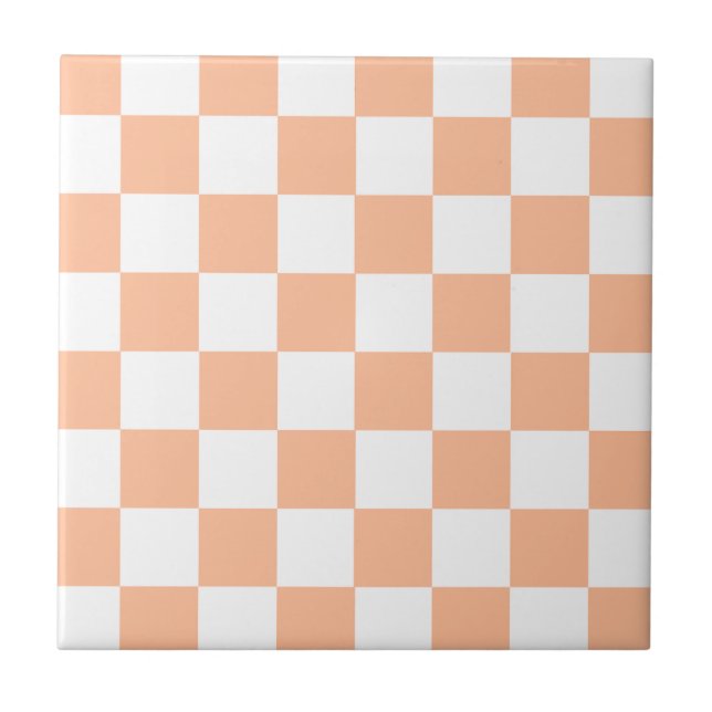 Peach Fuzz Checkered Gingham Pattern Ceramic Tile (Front)