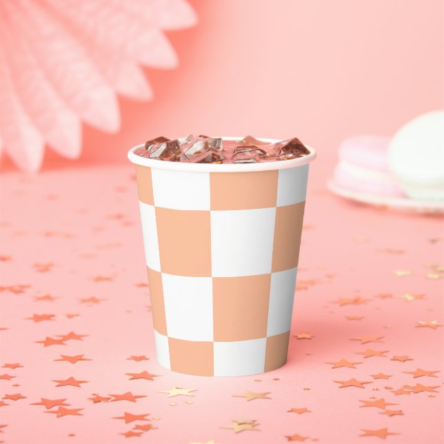 Peach Fuzz Checkered Gingham Pattern Paper Cups (Insitu)