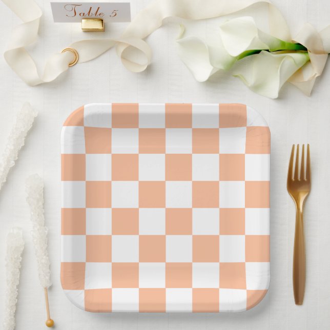 Peach Fuzz Checkered Gingham Pattern Paper Plates (Wedding)