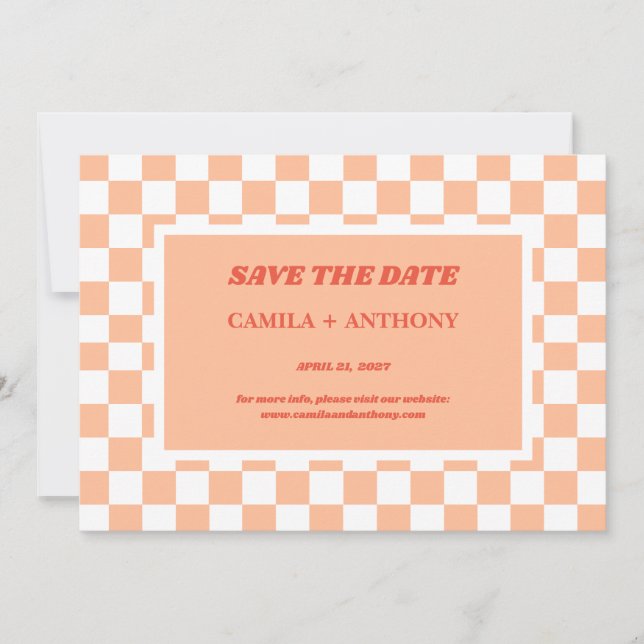 Peach Fuzz Checkered Gingham Pattern Save The Date (Front)