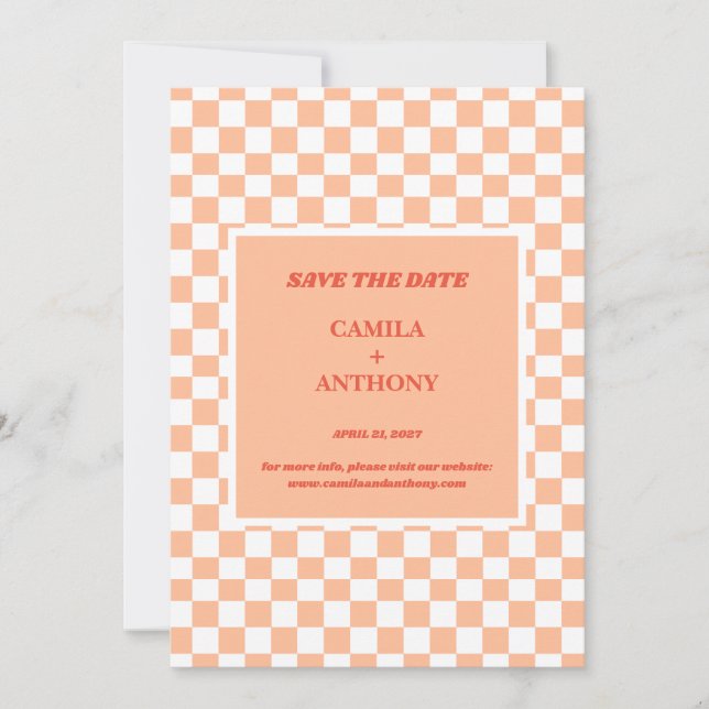 Peach Fuzz Checkered Gingham Pattern Save The Date (Front)