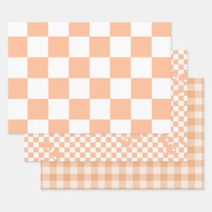 Peach Fuzz Checkered Gingham Pattern Wrapping Paper Sheets