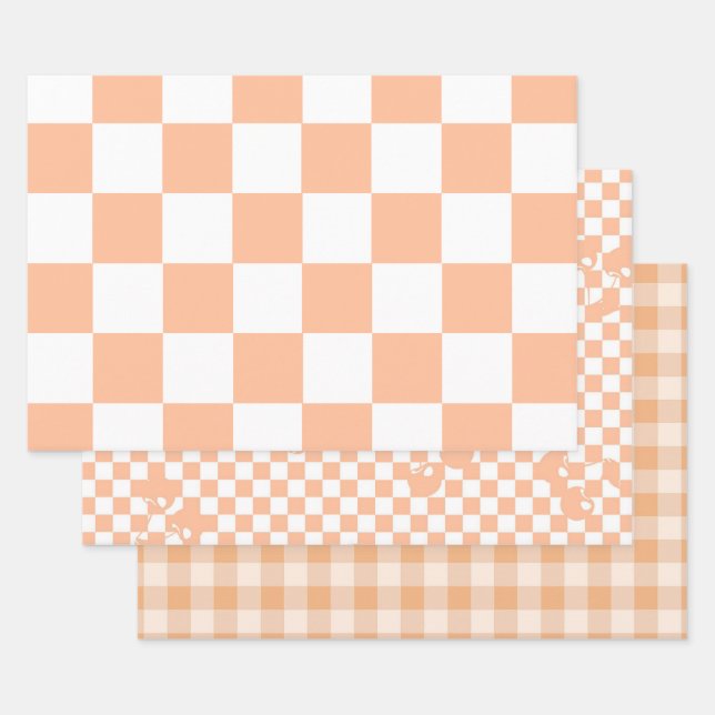Peach Fuzz Checkered Gingham Pattern Wrapping Paper Sheets (Set)