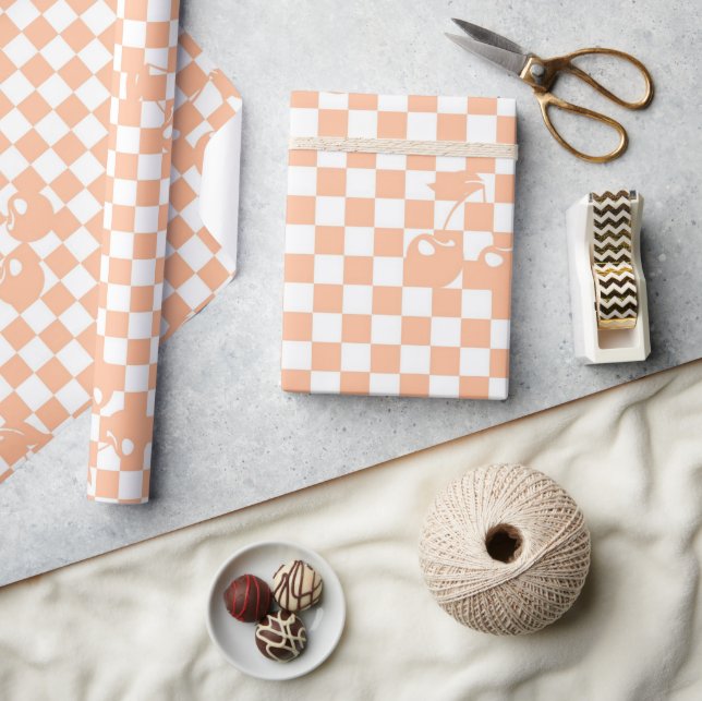 Peach Fuzz Checkered Retro Cherry Plaid Pattern  Wrapping Paper (Crafts)