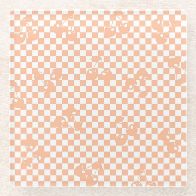 Peach Fuzz Cherry Gingham Pattern Glass Coaster (Front)