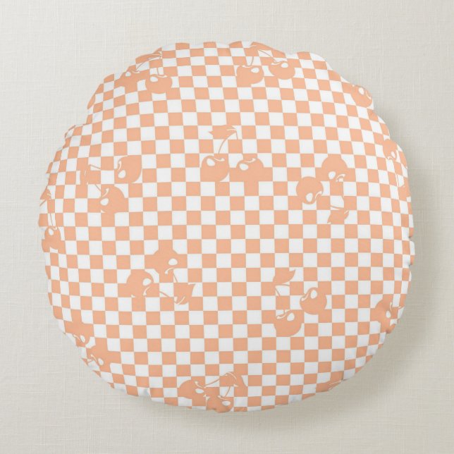 Peach Fuzz Cherry Gingham Pattern Round Pillow (Front)