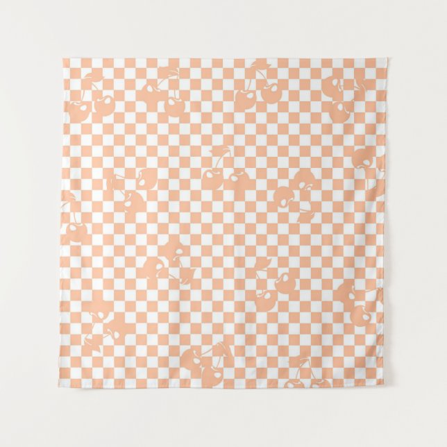Peach Fuzz Cherry Gingham Pattern Tapestry (Front)