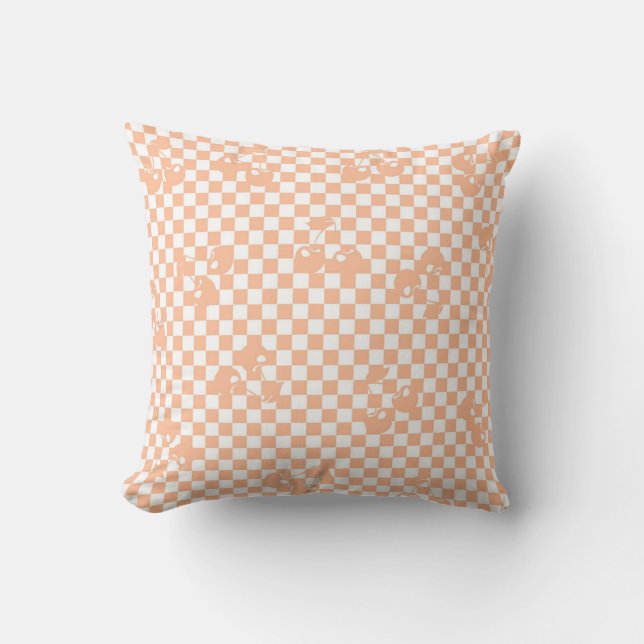 Peach Fuzz Cherry Gingham Pattern Throw Pillow (Front)