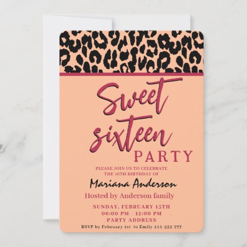 Peach fuzz Cool Trendy whimsy leopard sweet 16   Invitation