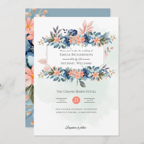 Peach Fuzz Dusty Blue Floral Vintage Wedding Invitation