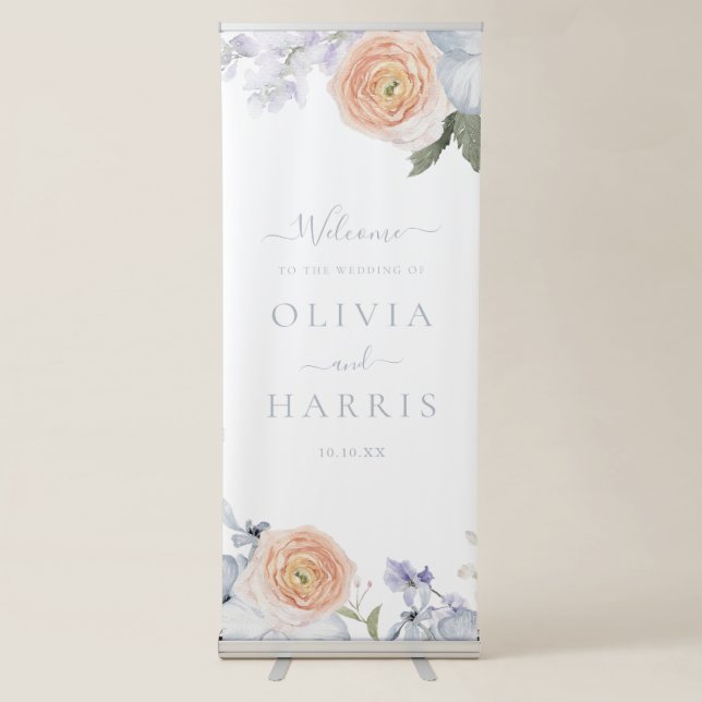 Peach Fuzz Dusty Blue Modern Trendy Wedding Retractable Banner (Front)