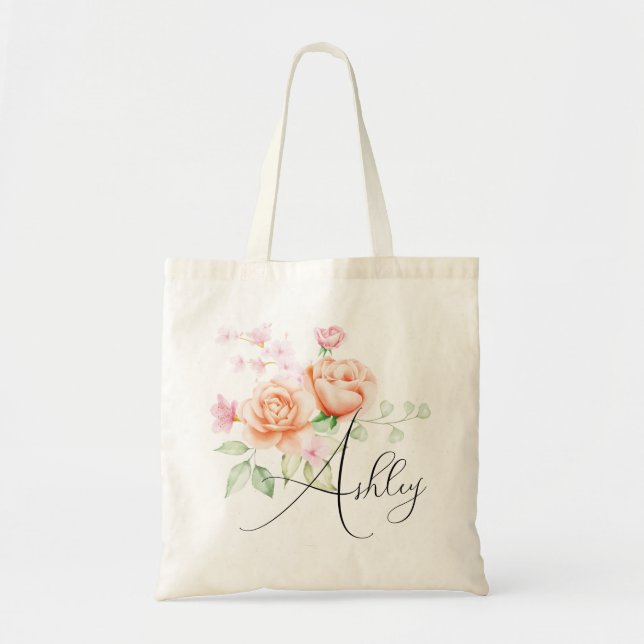 Peach Fuzz Floral Bridesmaid Tote Bag (Front)