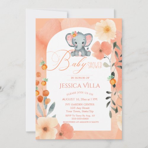 Peach Fuzz Floral Cute Elephant Girl Baby Shower  Invitation