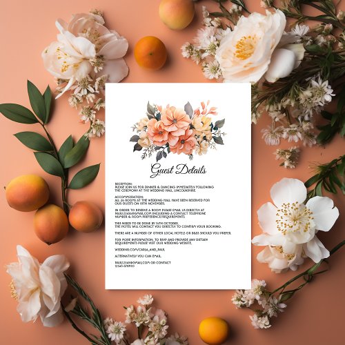 Peach Fuzz Floral Wedding Guest Details Enclosure Card