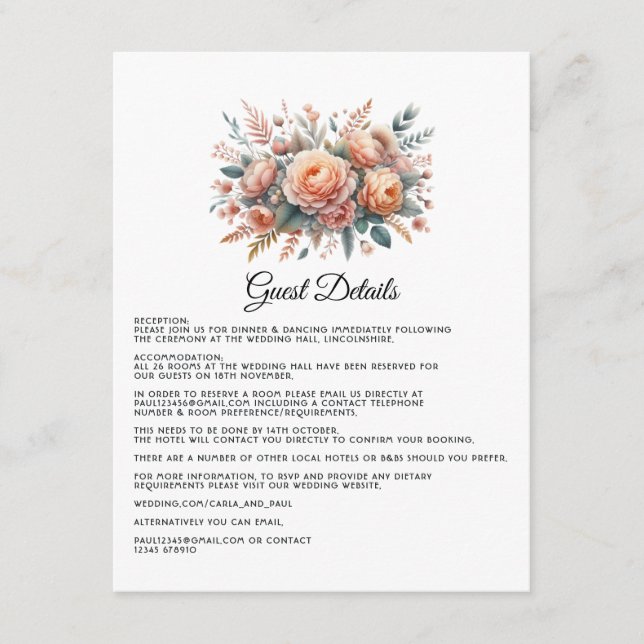 Peach Fuzz Floral Wedding Guest Details Enclosure Card (Front)