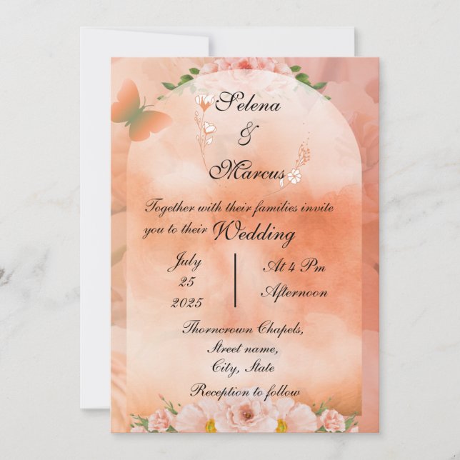 Peach Fuzz Floral Wedding Invitation (Front)